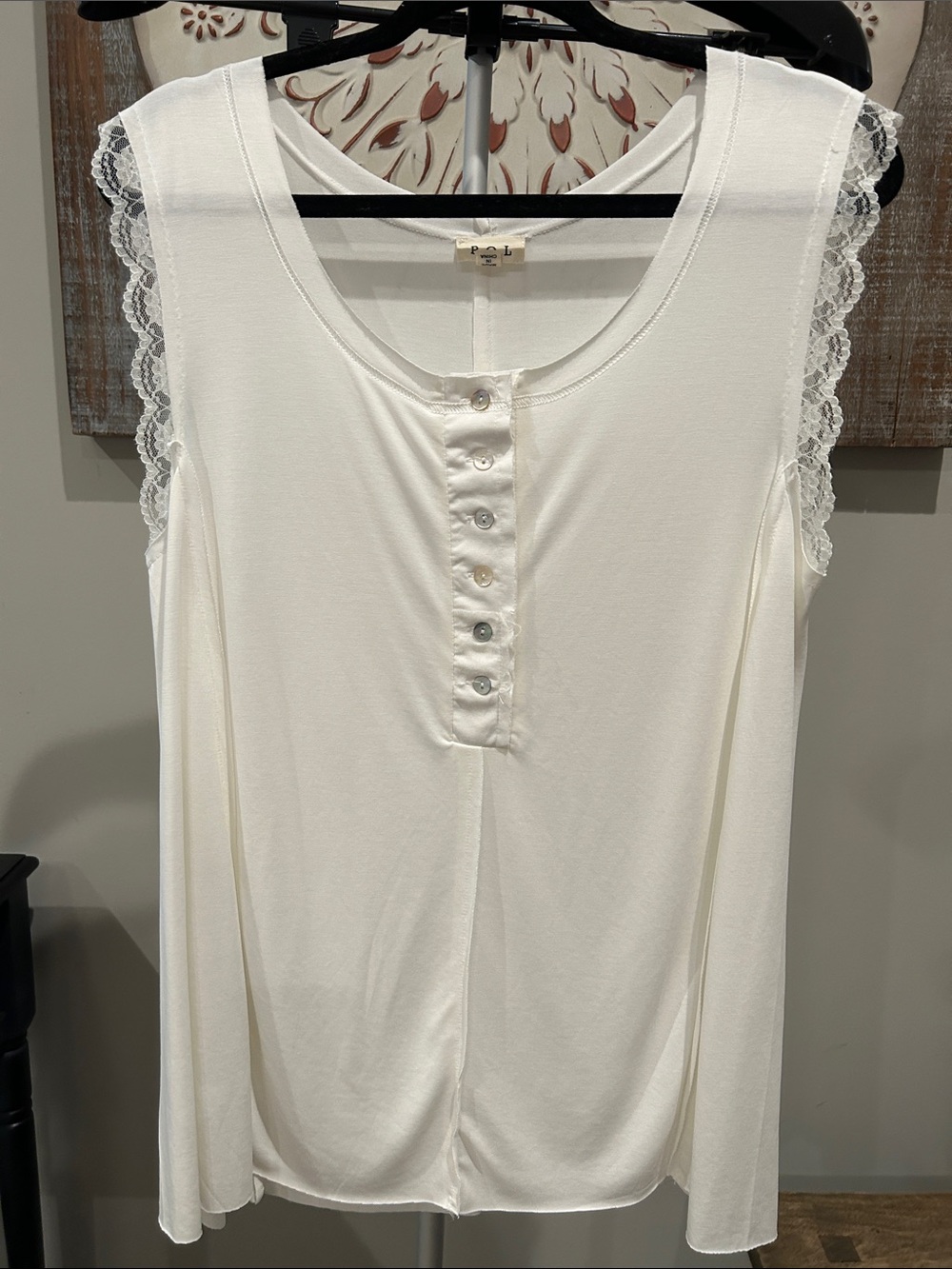 POL Lace-Trim Henley Tank Top - White Oversized Medium